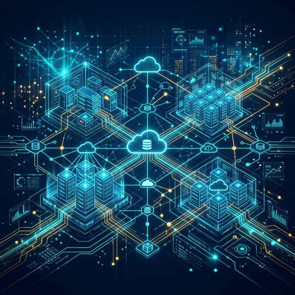 Futuristic technology architecture with interconnected cloud servers and data streams